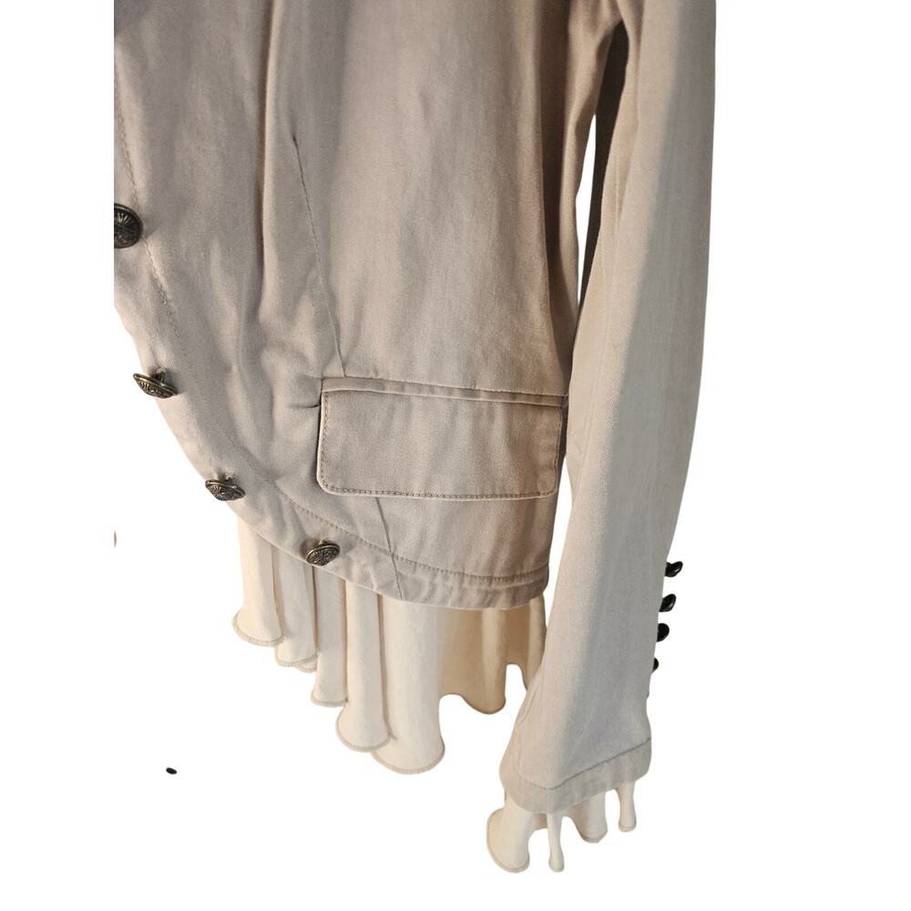Free People Romance Military Khaki Jacket Sz L Decorative Buttons Pockets Rufled - Picture 4 of 10